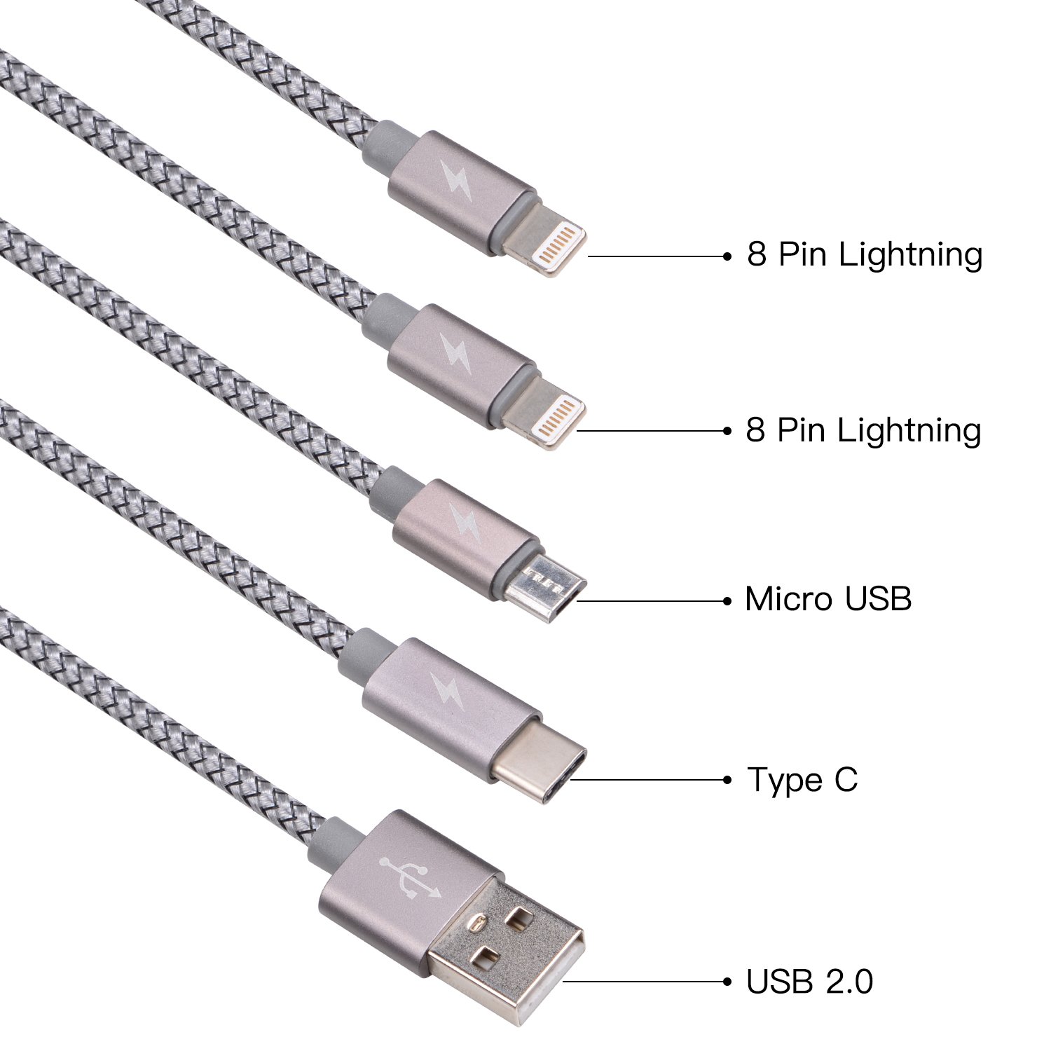 AnnToo 3.3 FT 4 in 1 Multi USB Charging Cables Nylon Braided for Mobile Devices Charging - Grey