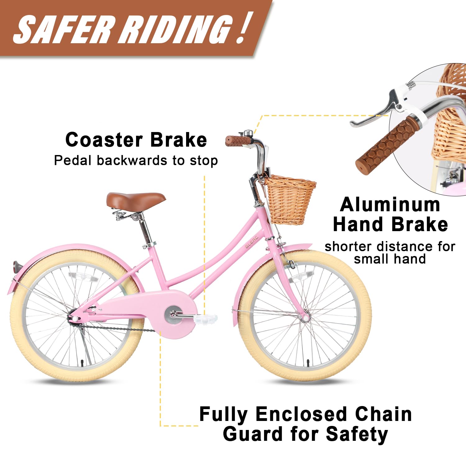 Glerc Little Molly 12-20 Inch Kids Retro Cruiser Bike for 2-13 Year Old with Wicker Basket & Training Wheels/Kickstand, Multiple Colors