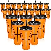 Limbeuuu 24 Pcs Plastic Cups with Lid and Straw 24 oz Reusable Plastic Tumbler Party Favors Water Bottle Coffee Mug for Birthday Themed Party Supplies Favor Classroom Exchange Gifts(Basketball)