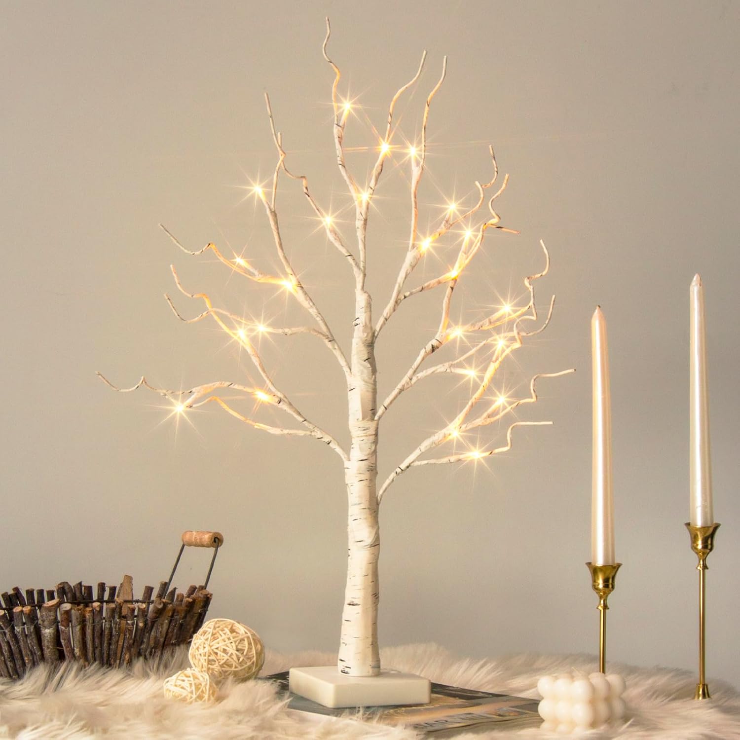 Trees - Vanthylit Lighted Tree Christmas Decorations Indoor, White Birch Tree with LED Lights Battery Powered Timer, Tabletop Tree Winter Decor, Light Up Tree Mantle Christmas Decor (2FT, Warm White)