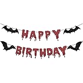 Adecortalk Glitter Red Happy Birthday Halloween Banner Black Spooky Bats Garland Bunting Banner Decorations for Kids Boys Girls Halloween Birthday Party Supplies