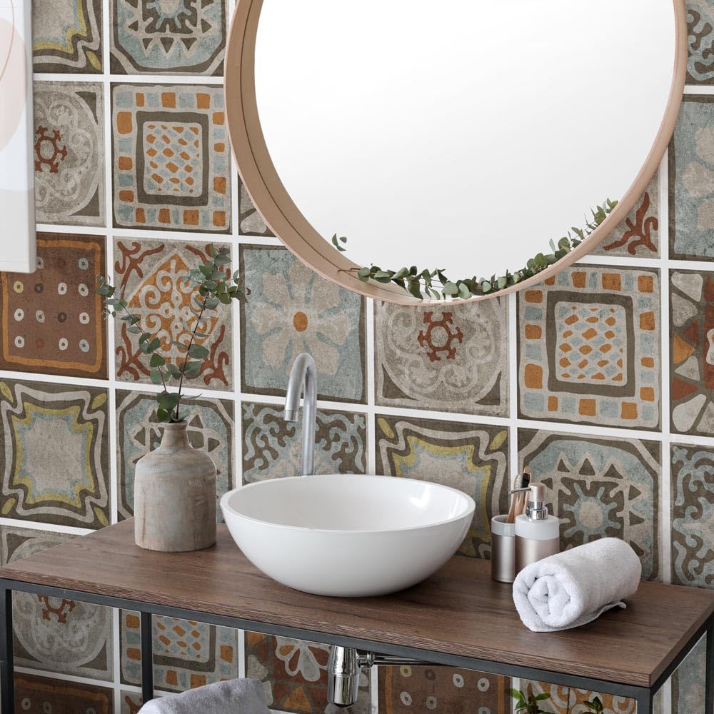 RE-COVERTILES - Tile Stickers for Bathroom and Kitchen 10 Pcs 20x20 cm - PS00167 Wall Decoration in Waterproof PVC Mosaic Tiles Style Azulejos Cement Tiles