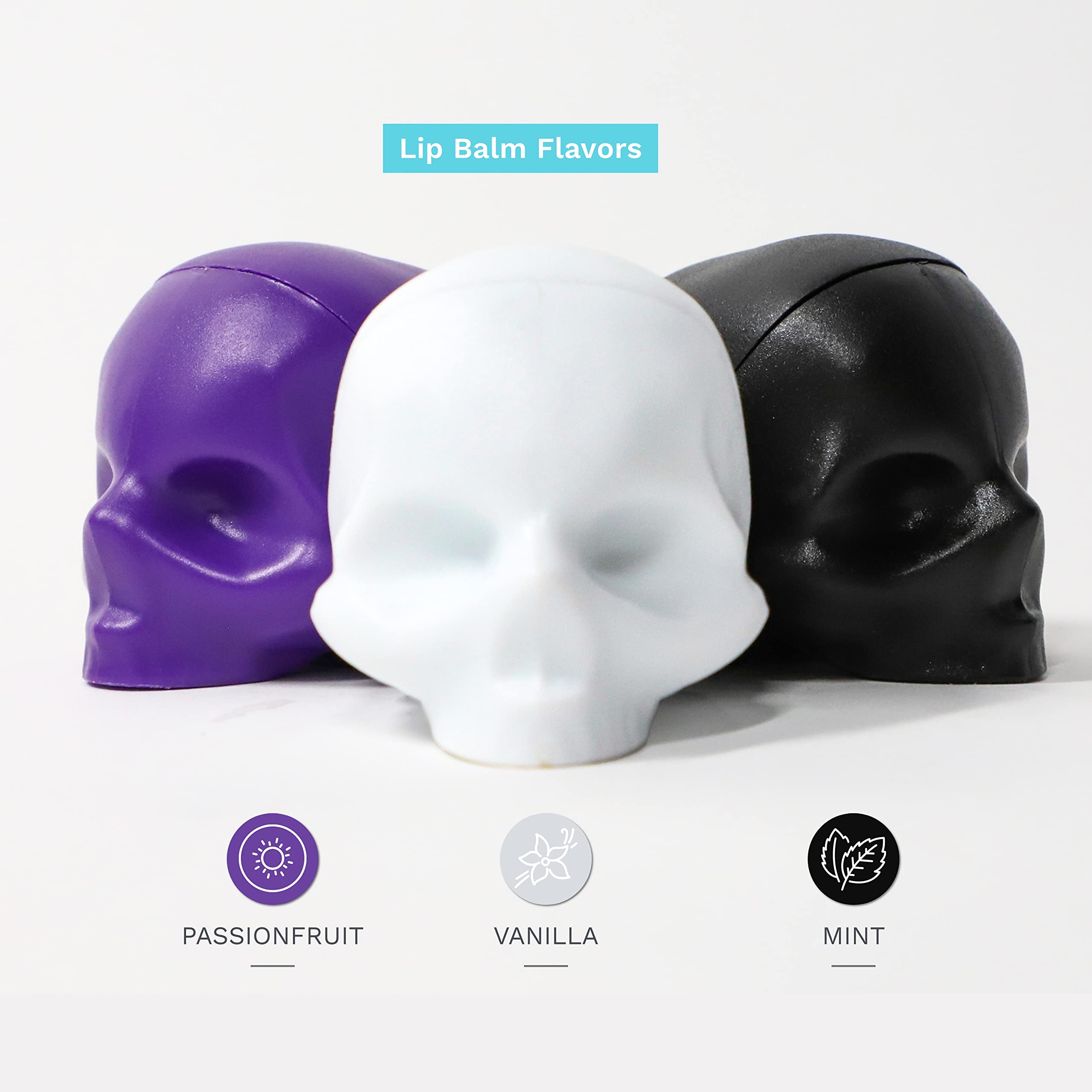 Rebels Refinery 3-Piece Neapolitan Skull Lip Balm Bundle - Passion Fruit, Black Mint & White Vanilla