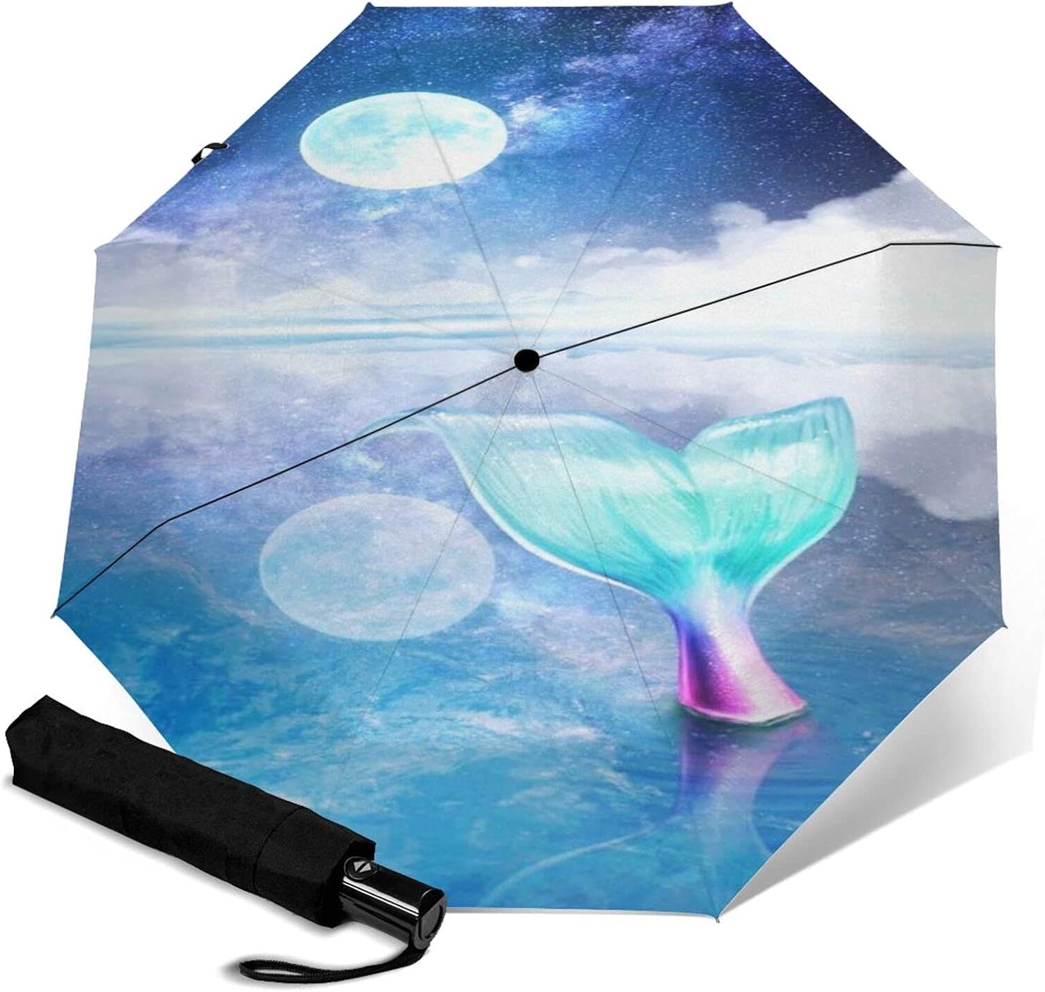 Automatischer Regenschirm, Meerjungfrau, Fischschwanz, Mond, Winter