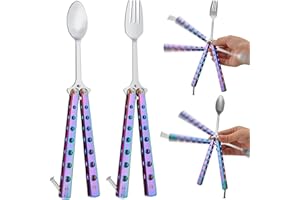Flutesan 2 Pcs Butterfly Fork and Spoon Set, Tactical Butterfly Spoon Folding Stainless Steel Spork Utensil Set Balisong Trainer for Travel Camping Hunting BBQ Kitchen(Colorful)