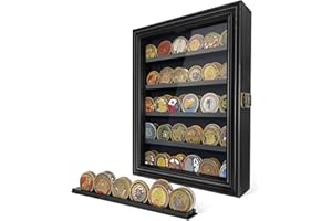 DecoWoodo Military Challenge Coin Display Case with HD Tempered Glass - 5 Rows Medal Display Case Cabinet Rack Shadow Box with Removable 2 Grooves Shelves Poker Chips Coin Holder for Collectors, Black