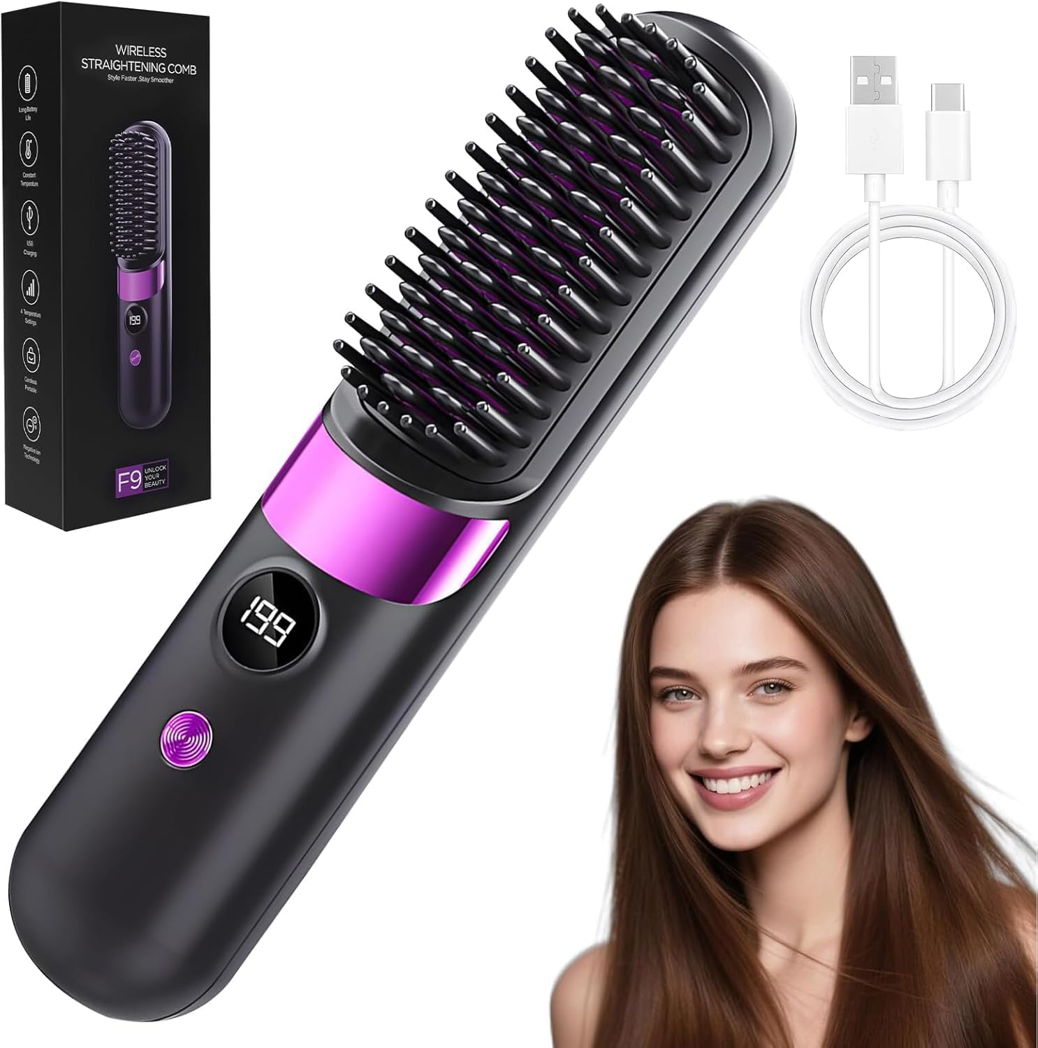 Hemioke Cordless USB Rechargeable Ionic Hair Straightener Brush, Anti Frizz Ceramic Heated Brush for Thick Curly Hair, Fast Heating Travel Hair Straightener Brush for Women