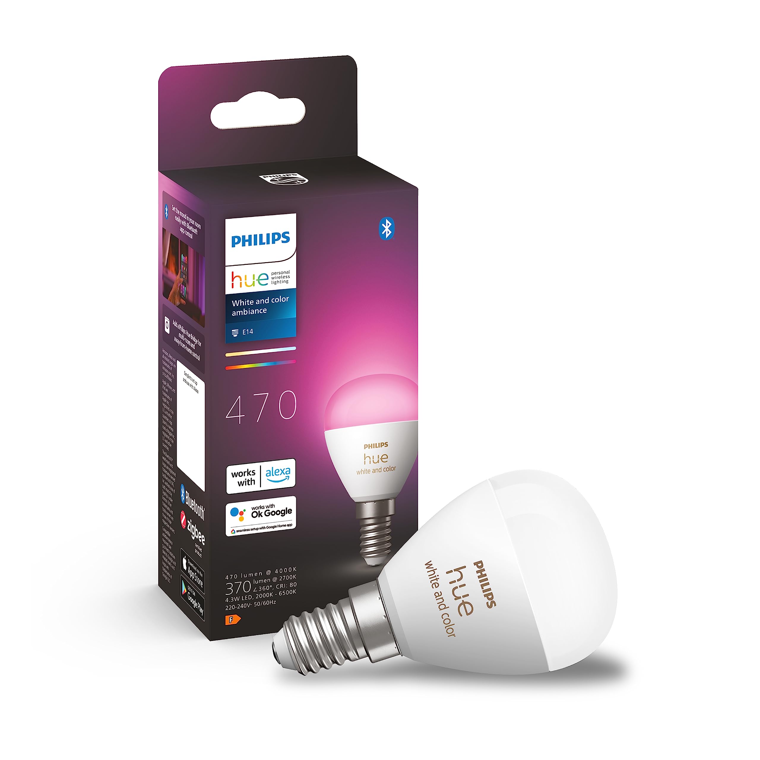 Philips Hue White and Colour Ambiance Luster Smart LED Light Bulb 1 Pack [E14 Edison Screw] for Indoor Home Lighting, Livingroom, Bedroom.