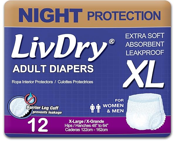 LIVDRY XL OVERNIGHT ADULT DIAPERS FOR WOMEN AND MEN, INCONTINENCE UNDERWEAR, X-LARGE, 12-PACK