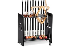 EXTCCT Pool Cue Stick Holder - Floor Stand Billiards Pool Cue Rack Oak Solid Wooden Holds 9 Cues and Pool Table Accessories Organizer