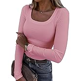 Roselux Womens Long Sleeve Scoop Neck Ribbed Knit Fitted Casual Tops Tee Slim Basic Shirts