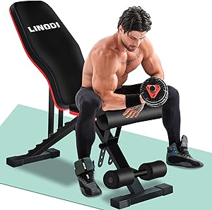 LINODI Weight Bench, Workout Bench for Home Gym, Adjustable Strength Training Benches for Full Body Workout, Multi-Purpose Foldable Incline Decline Gym Bench