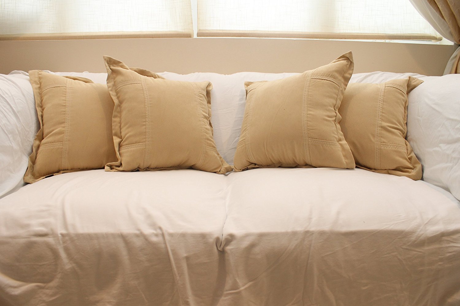 Set Of Four 4 Contemporary Beige Solid Microfiber Decorative