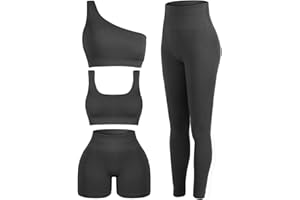 Floraltop 4 Pcs Women's Workout Sets Pilates Exercise Outfit Ribbed Scoop Neck Sports Bra Shorts Leggings Gym Clothes Set