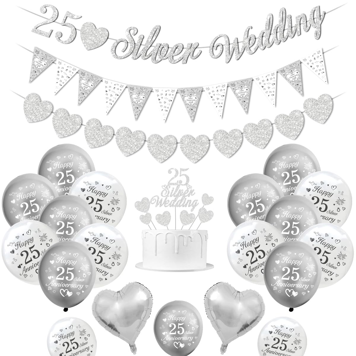 Silver Wedding Decorations, 25th Wedding Anniversary Decorations Happy 25th Anniversary Balloons Silver White Balloons Heart Balloon Banner Cake Topper