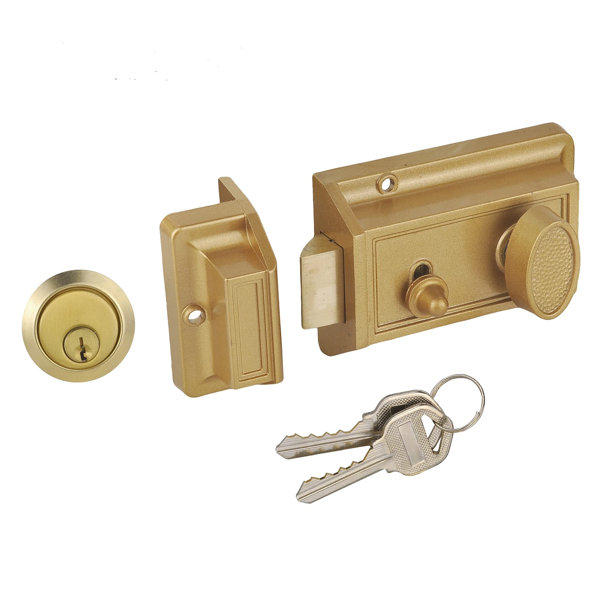 SUMBIN Night Latch Deadbolt Rim Lock,Antique Locks with Keys for Front Door,Gold Finish