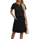 OFEEFAN Womens Summer Dresses Fashion Short Sleeve Crew Neck T Shirt Sundresses Casual Tie Waist with Pockets