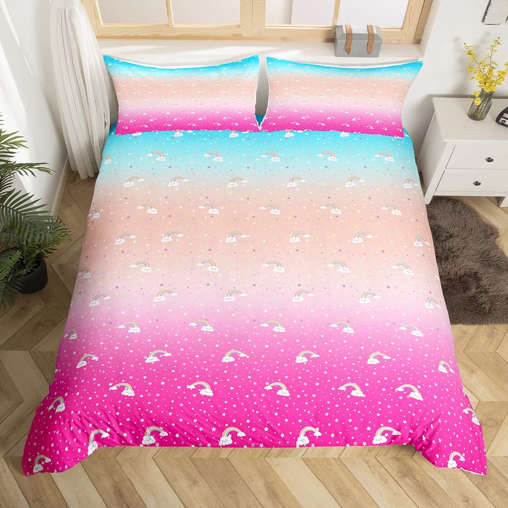 Loussiesd Rainbow Duvet Cover Set for Kids Girls Orange Blue Pink Bedding Set Star Comforter Cover Double Size