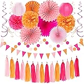 Hot-Pink Burnt-Orange Fall Party Decorations - 33pcs Birthday Baby Shower Banner,Streamers Tassel Garland,Sunset Autumn Thanksgiving Tissue Pom Poms,Paper Lantern Fans,Wedding Backdrop Decor Hugtmr