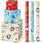 WERNNSAI Baseball Gift Wrapping Paper - 3 Rolls x 10 ft Boy Birthday Wrap | Wrapping Paper Sports Wrapping Paper Roll for Kids Birthday Milky Blue Red Gift Wrapping Papers with Cut Lines