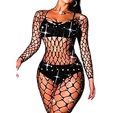 ChiaoLezhee Fishnet Jumpsuit Fits All Size, Rave Outfits Sparkly Rhinestone, Sexy Exotic Dancewear For Women Plus Size