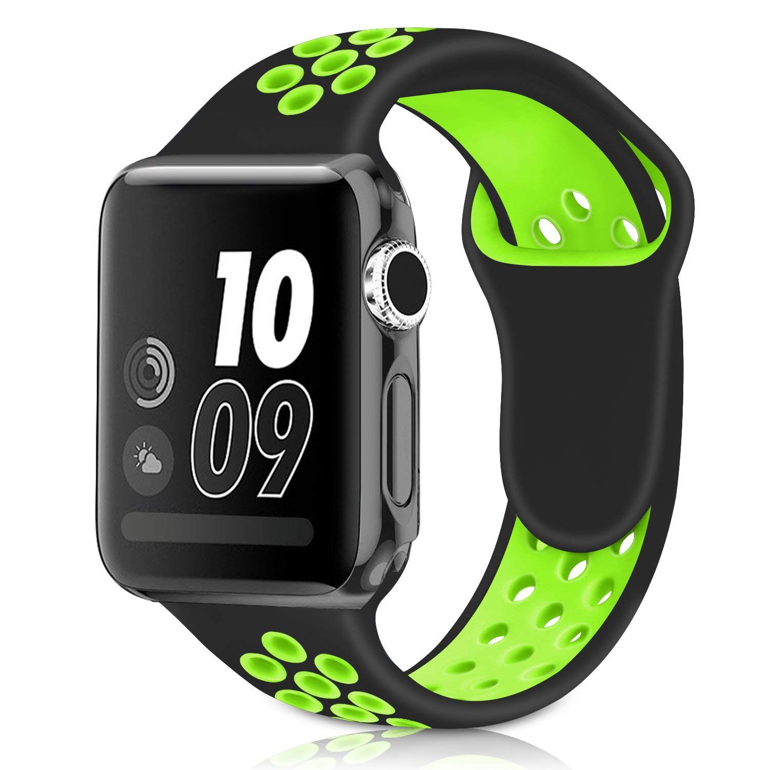 Casual Accessories Apple Watch Band 42 mm Black Green - Sports Soft Silicone Replacement Band For iWatch Series 3 2 1, Nike + Sport Edition Strap M/L Size Black Green