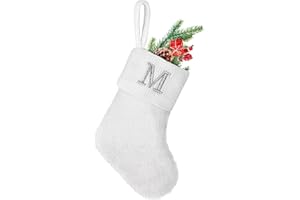 YOIRRAT 7 inches Initial Monogram Christmas Stocking White Personalized Christmas Stockings with Embroidered Letters Super Soft Initial Christmas Stocking for Xmas Holiday Christmas Tree Fireplace Decor(M)