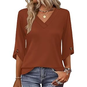 OFEEFAN 3/4 Length Sleeve Womens Tops Dressy Casual Blouses V Neck T Shirts Summer Tops Spring Outfits Loose Fit