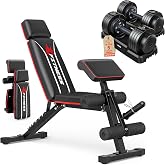 Rendpas Adjustable Dumbbell Set with Workout Bench Foldable | 25/50/55/80LBS, 1-Second Dial Adjust, Knurled Steel Handle, 900lb Rated Bench, Foldable, Space-Saving Design
