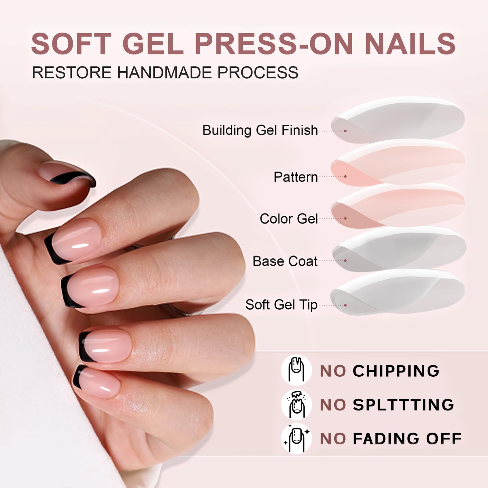 CUZIAM Press On Nails Black French Tip, 32pcs 16 Sizes Short Square Press on Nails for Women Girls, Natural Nude Stick on Nails Reusable Glossy Soft Real Salon Manicure with Nail Glue-Black French - Image 3