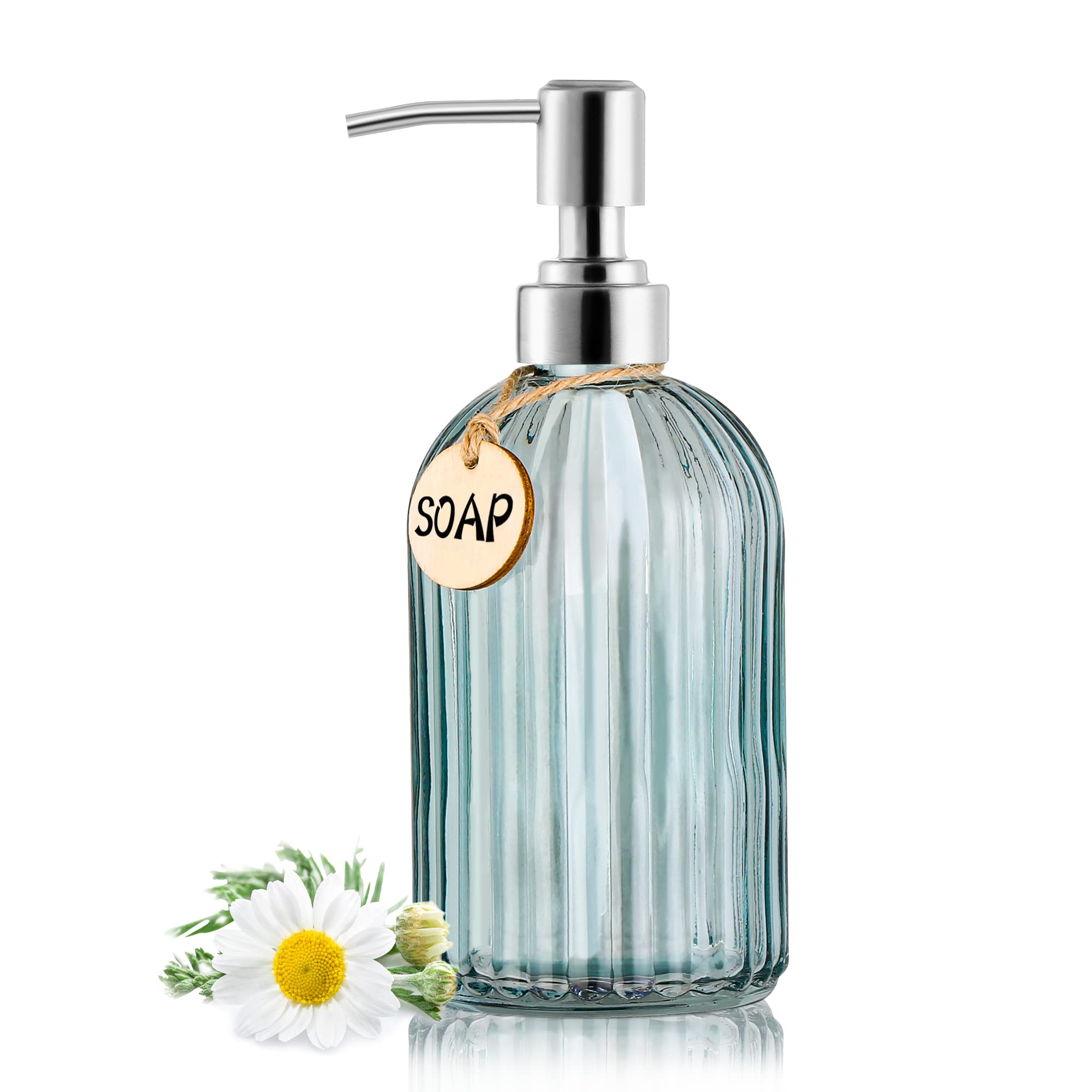 Photo 1 of MOCLIF 16OZ Fashion Stripe Clear Glass Refillable Soap Dispenser with 304 Stainless Steel Pump Premium Soap Dispenser? for Kitchen, Bathroom, Hand Sanitizer, Liquid Soap, Lotion, etc. (Clear Blue)