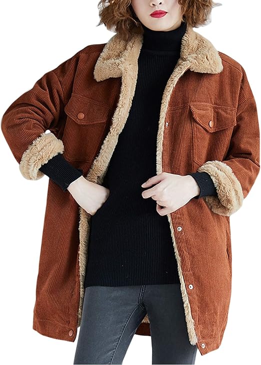 Flygo Womens Warm Sherpa Fleece Lined Button Down Loose Mid Long