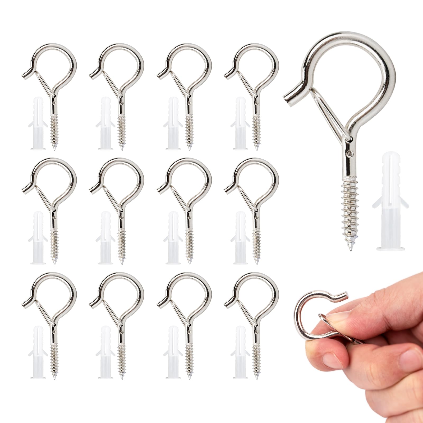 KINGLAKE Screw in Hooks, 12 Pcs Q Hanger Hooks for Outdoor Christmas String Light, Safety Buckle, Fence Celling Silver Screw Hook for Wood Wall Hanging Fairy Lights Plants Bird Feeders Cups