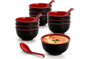 Lyellfe Set of 10 Miso Soup Bowl with Spoon, Restaurant Quality Melamine Cereal Rice Bowl, 16 Oz Unbreakable Japanese Dinnerw