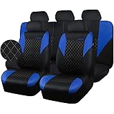 CAR PASS Ultrasonic Embossing Cloth Universal Seat Covers-Breathable Car Seat Cover with 5mm Composite Sponge Inside,Airbag Compatible,2zipper Bench for Sedan,SUV,Truck(Black and Blue,Full Set)