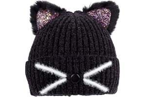 ACTLATI Kids Girls Sequin Cat Ears Hats Winter Knitted Beanie Hat for Outdoor Snow Ski Skull Cap Ages 7-12