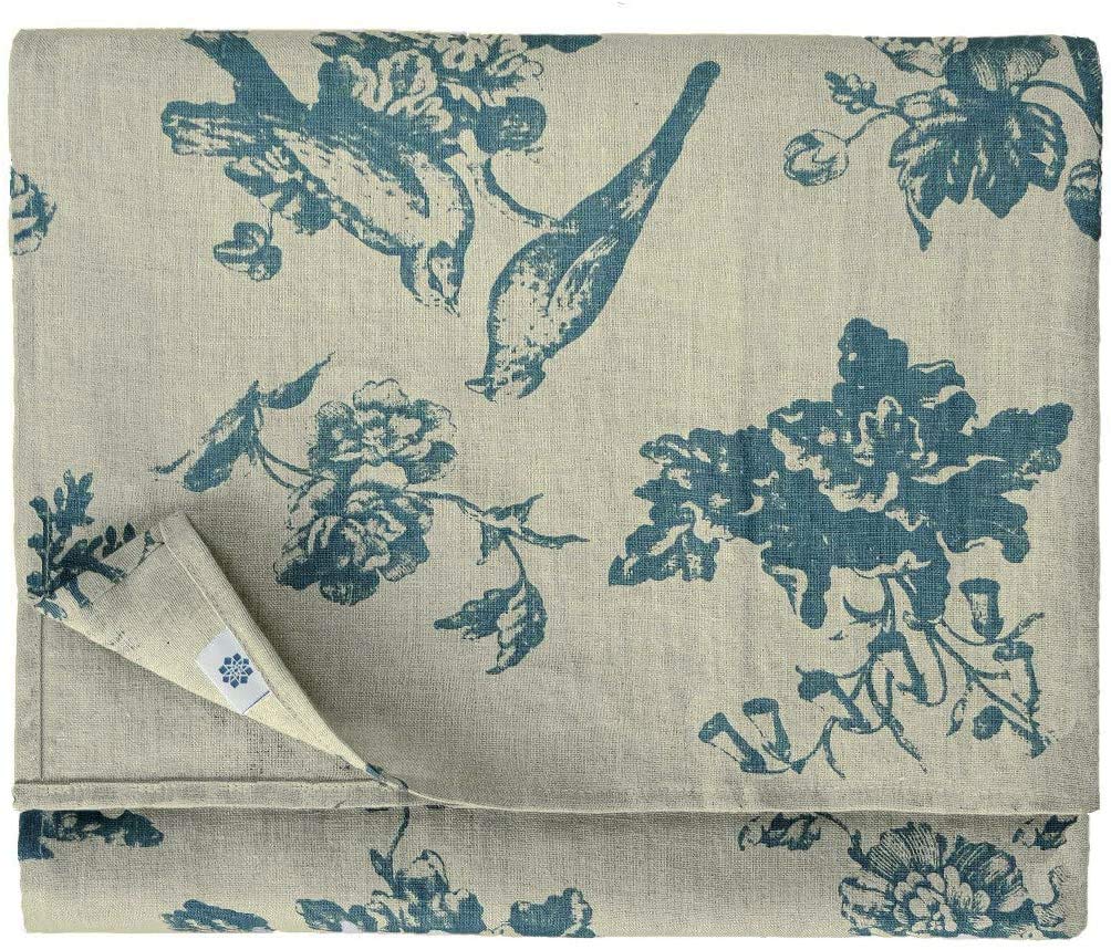 Linen & Cotton Shabby Chic Tablecloth Flores with Flowers Motif - 100% Linen, Beige Blue (140 x 250 cm) Vintage Rectangle Table Cloth Table Linen for Home Decoration Kitchen Living Room