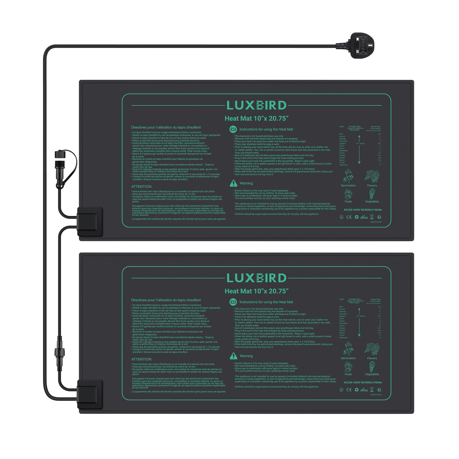 Luxbird 2 Pack Daisy Chain Seedling Heat Mats for Indoor Plants, 10" x 20.75" Waterproof Plant Heating Pad, 21W for Seed Starting, Germination, Hydroponics, Brewing, Breeding, Greenhouses