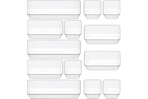 FRESHMAGE 12 Piece Clear Drawer Organizer Set, 3 Sizes Bathroom Vanity Organizer Trays and Storage Bins for Makeup, Cosmetics, Jewelry, and Gadgets. Perfect for Office, Kitchen, Bedroom, Bathroom Use.