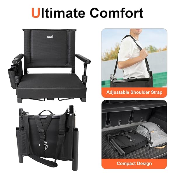 RWUSX PADDED STADIUM SEATS WITH BACK SUPPORT AND CUSHION, PORTABLE FOLDABLE BLEACHER CHAIR, FOLDING STADIUM SEATS FOR FOOTBALL CAMPING CONCERTS AND FESTIVALS BLACK