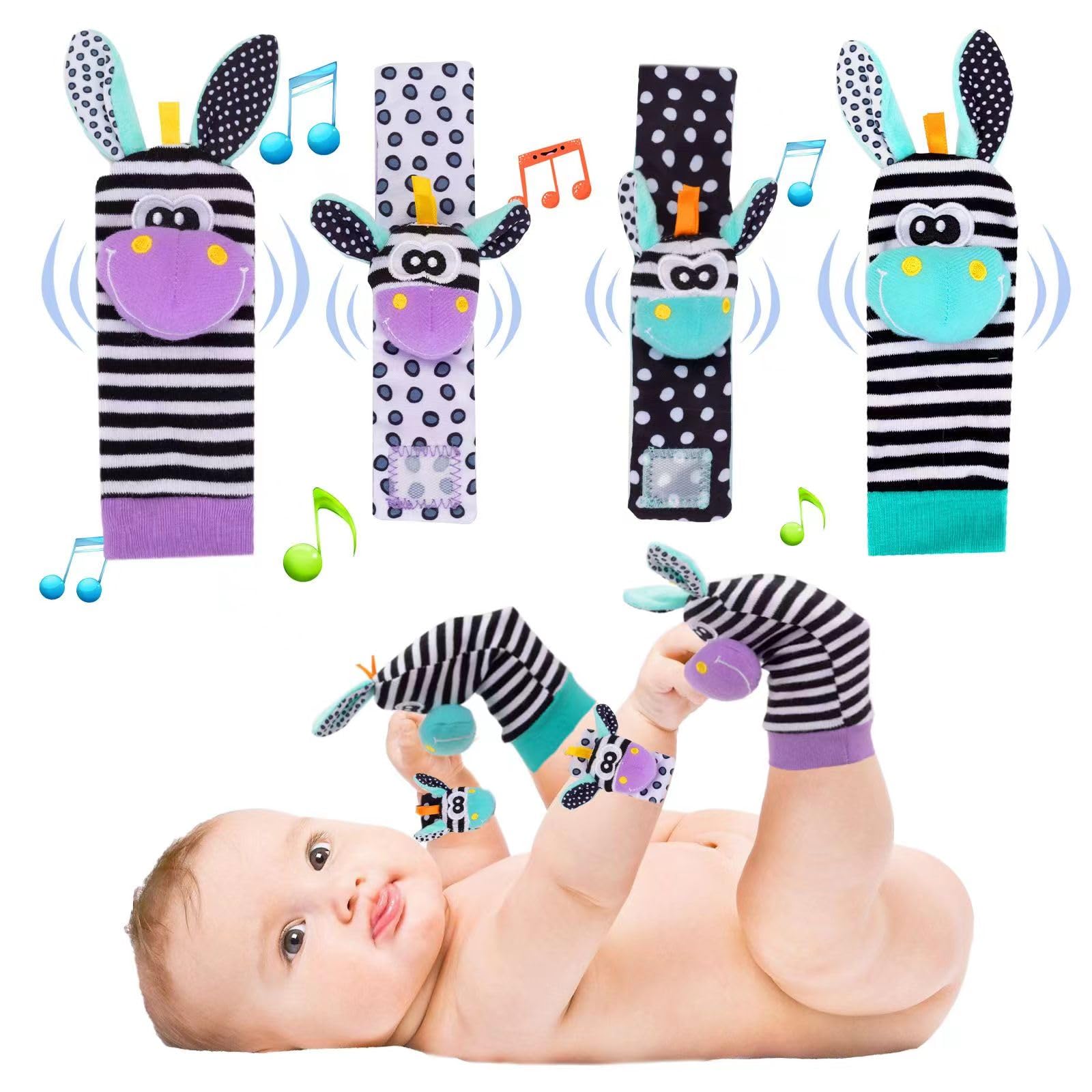 Accevo 4pcs Baby Rattle Socks Wrist Strap Rattles Set Baby Early Education Toys for Newborn Babies Cute Animal Soft Sensory Toddlers Toys for 0-36 Month Babies Infant Gifts for Baby Boy Girl