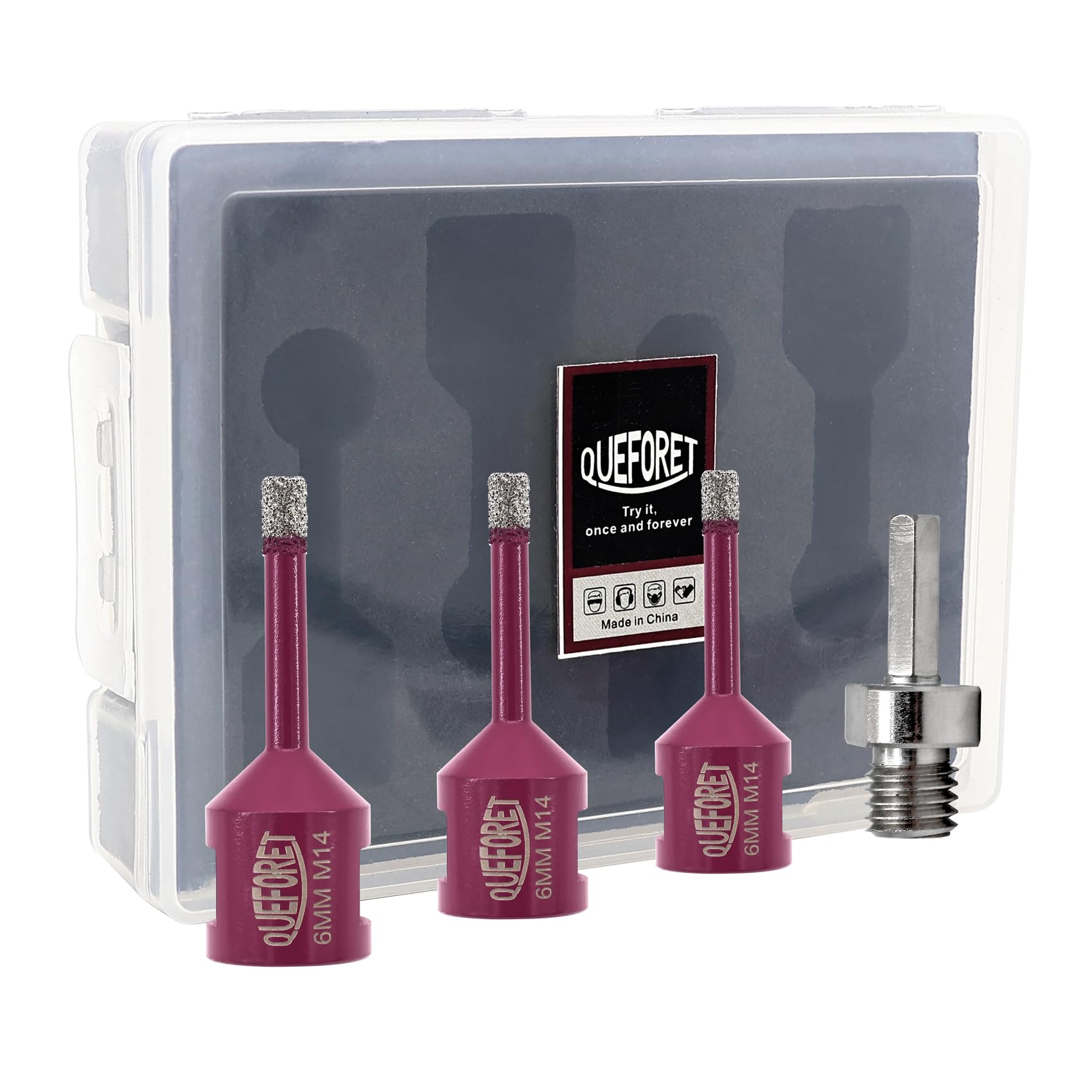 QUEFORET Diamond Drill Bits Set 4pcs - 3pcs 6/6/6mm x M14 Hole Saw, 1pc M14 to Hex Adapter for Ceramic Porcelain Tile Marble Granite