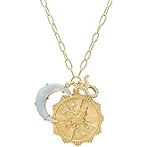 Lanadale Dainty Gold Zodiac Embossed Coin Opal Crescent Moon Charm Necklace for Women Trendy 18K Gold Plated Retro Paperclip Chain 12 Constellation Horoscope Necklaces Astrology Jewelry Gifts