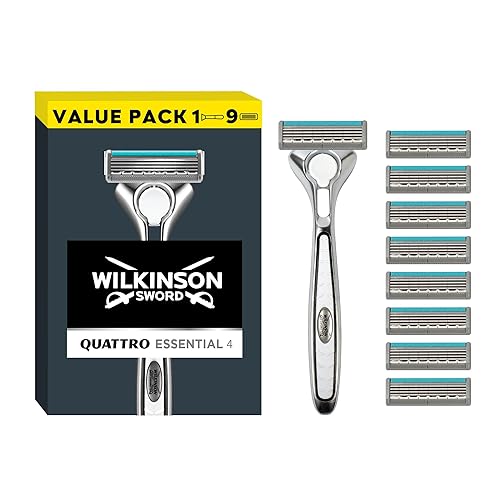 Wilkinson Sword Quattro Titanium Men's Razor for Sensitive Comfort, Great Addition to Wash Bags for Men's Grooming, Shavers for Sensitive Skin, 1 Reusable Razor Handle and 9 Refill Blades Pack