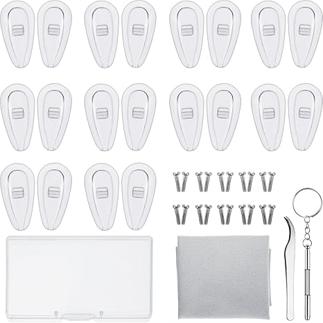 Brillen Reparatur Set 10 Paar Luftkammer Nasenpads Silikon Schraubbrillen Nasenpads mit Schrauben Pinzette und Reinigungstuch