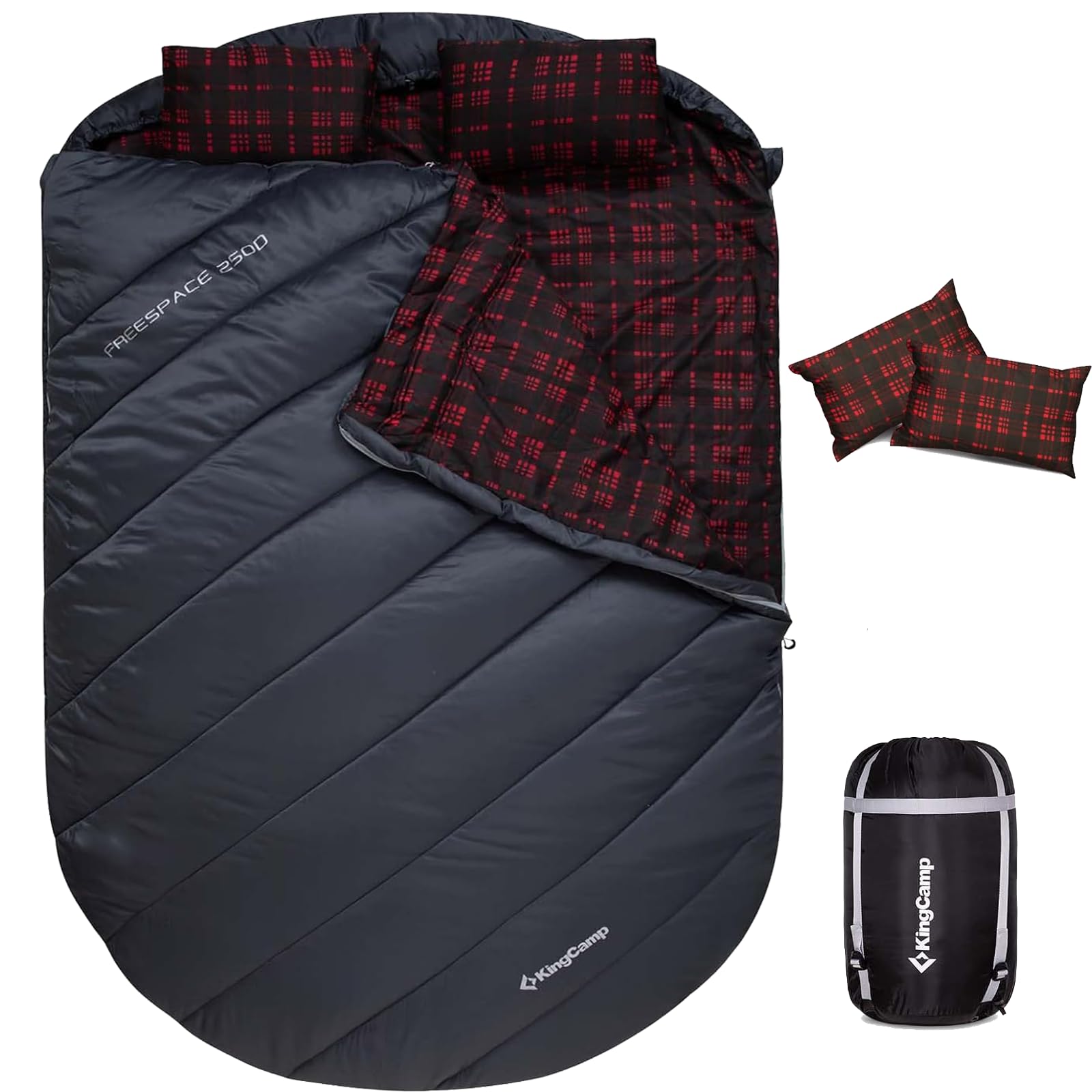 Photo 1 of KingCamp Double Sleeping Bag for Adults, Queen Size 2 Person XXL Flannel Sleeping Bag, Lightweight Waterproof with 2 Pillows & Compression Sack for Couples & Family Camping, Grey