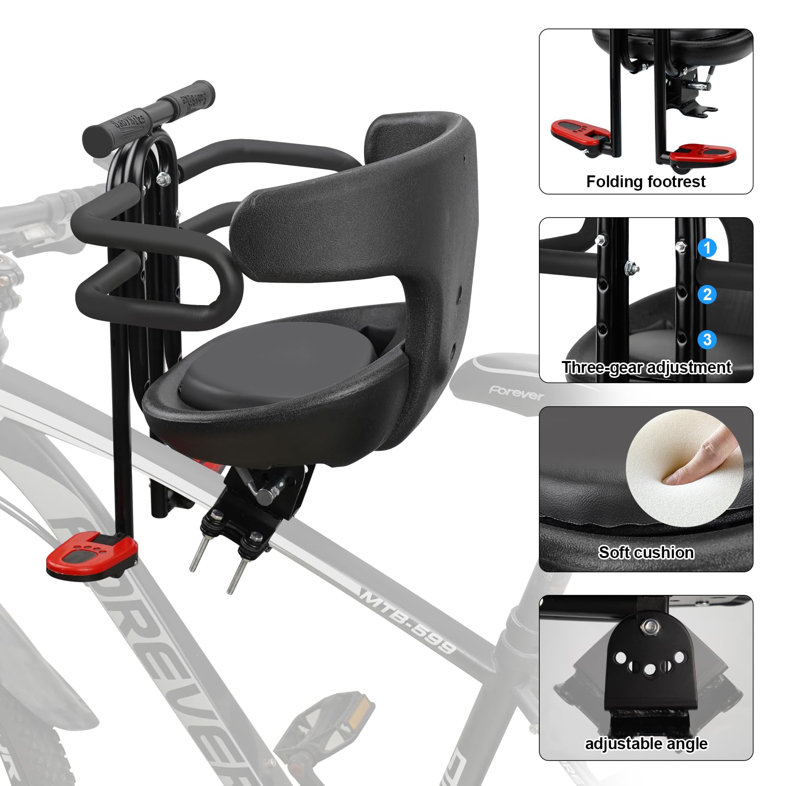 Toddler Bike Seat,1-3 Years Old Front Kids Bike Seat, Baby Bike Seat With Full Surround Guardrail, Safety Handle and Comfortable Pedals, Easy and Quick Installation of Toddler Bike Seat for Adult Bike