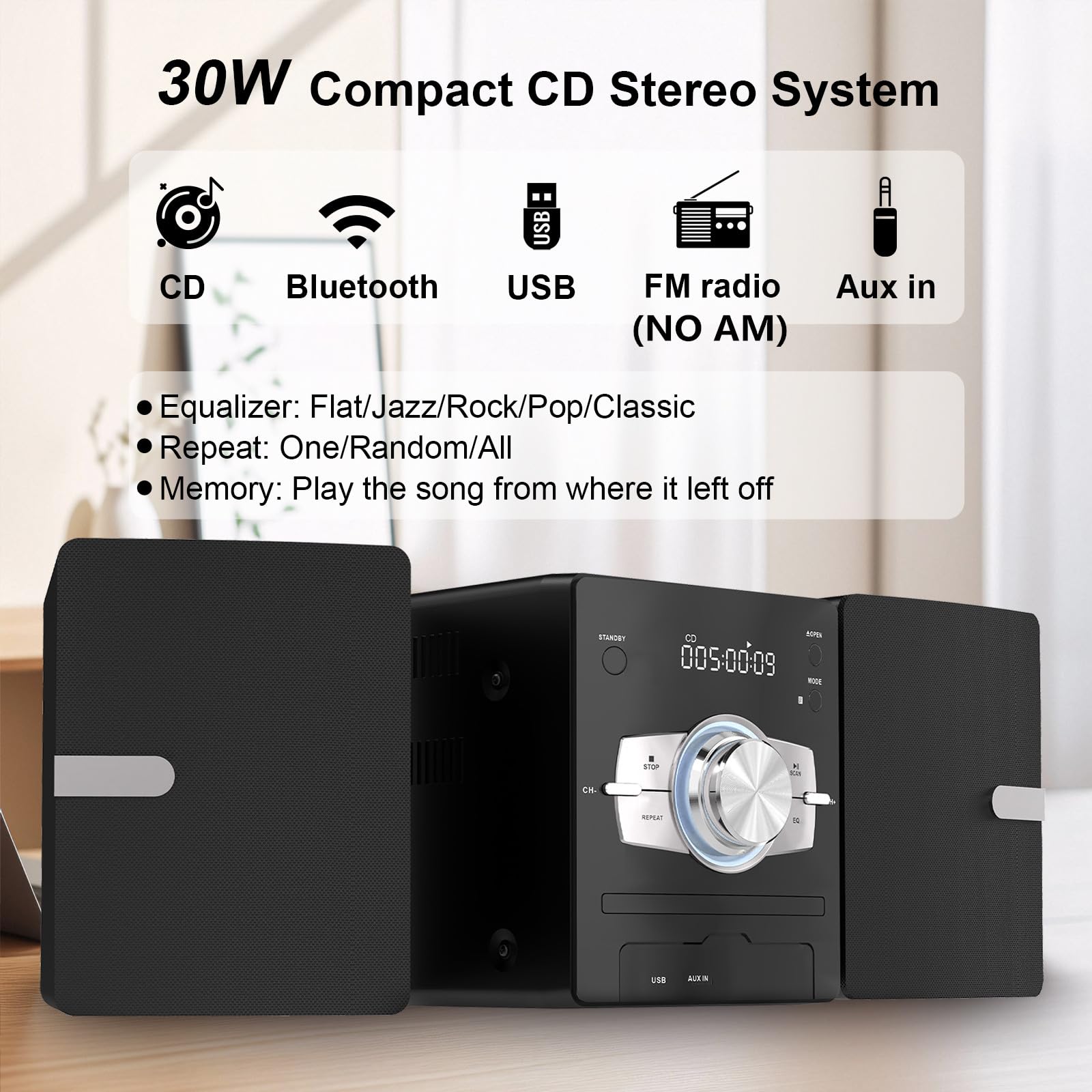 Home Stereo System with CD Player, FM Radio, Bluetooth, AUX in, USB in, Earphone Jack, Remote Control Included, 30W HiFi Shelf Stereo System