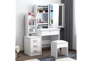 NEREIDS NET Vanity Desk with Lights,Makeup Vanity with Mirror,Dressing Table with 4 Drawers&Storage Shelves,Vanity Desk with LED Lighted Mirror,Makeup Table for Bedroom,Bathroom,3 Color Modes & Adjustable (White)