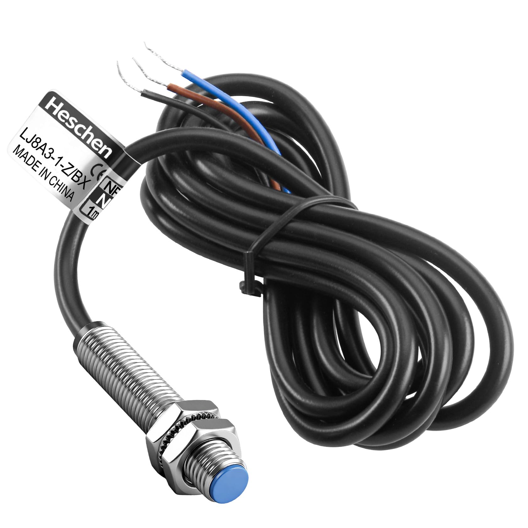 Heschen M8 Inductive Proximity Sensor Switch, Shield Type, LJ8A3-1-Z/BX, Detector 1mm, 10-30VDC 200mA, NPN Normally Open(NO), 3 Wire